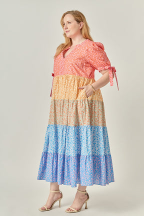 ENGLISH FACTORY - Colorblock Tiered Floral Midi Dress - DRESSES available at Objectrare