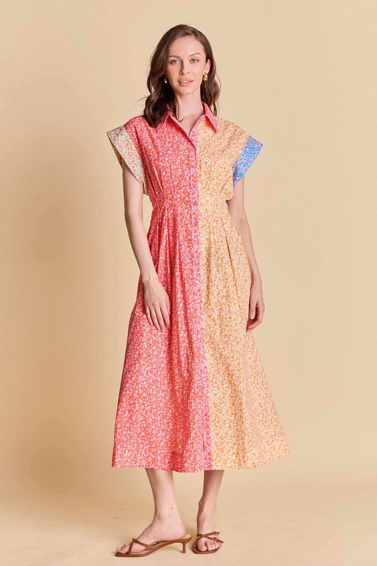 Colorblock Printed Shirt Midi Dress