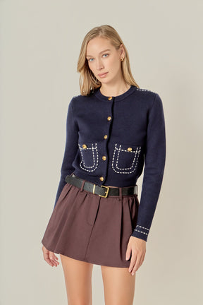 ENGLISH FACTORY - Stitch Detail Puff Sleeve Cardigan - SWEATERS & KNITS available at Objectrare