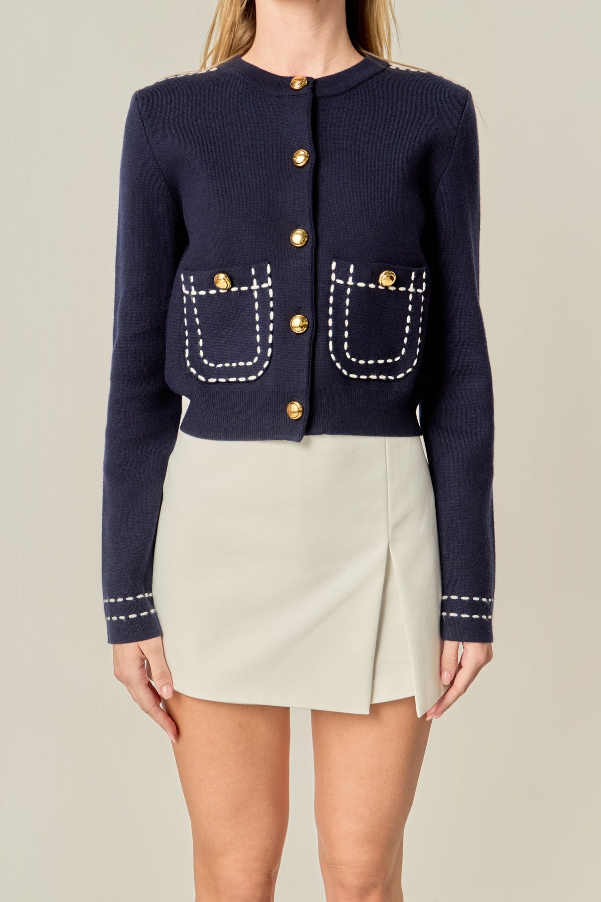 ENGLISH FACTORY - Stitch Detail Puff Sleeve Cardigan - SWEATERS & KNITS available at Objectrare