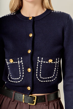 ENGLISH FACTORY - Stitch Detail Puff Sleeve Cardigan - SWEATERS & KNITS available at Objectrare