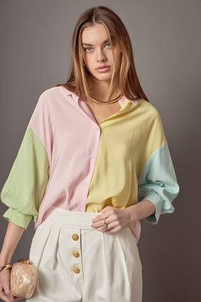 Color Block Volume Sleeves Shirt