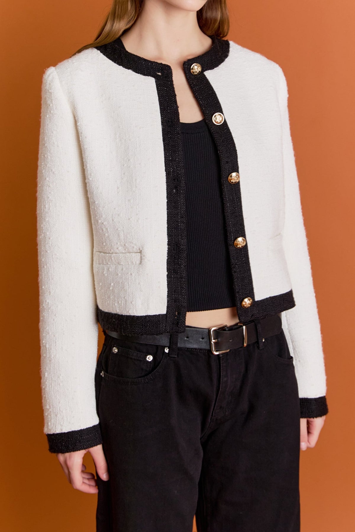 ENGLISH FACTORY - White and Black Collarless Tweed Jacket - JACKETS available at Objectrare