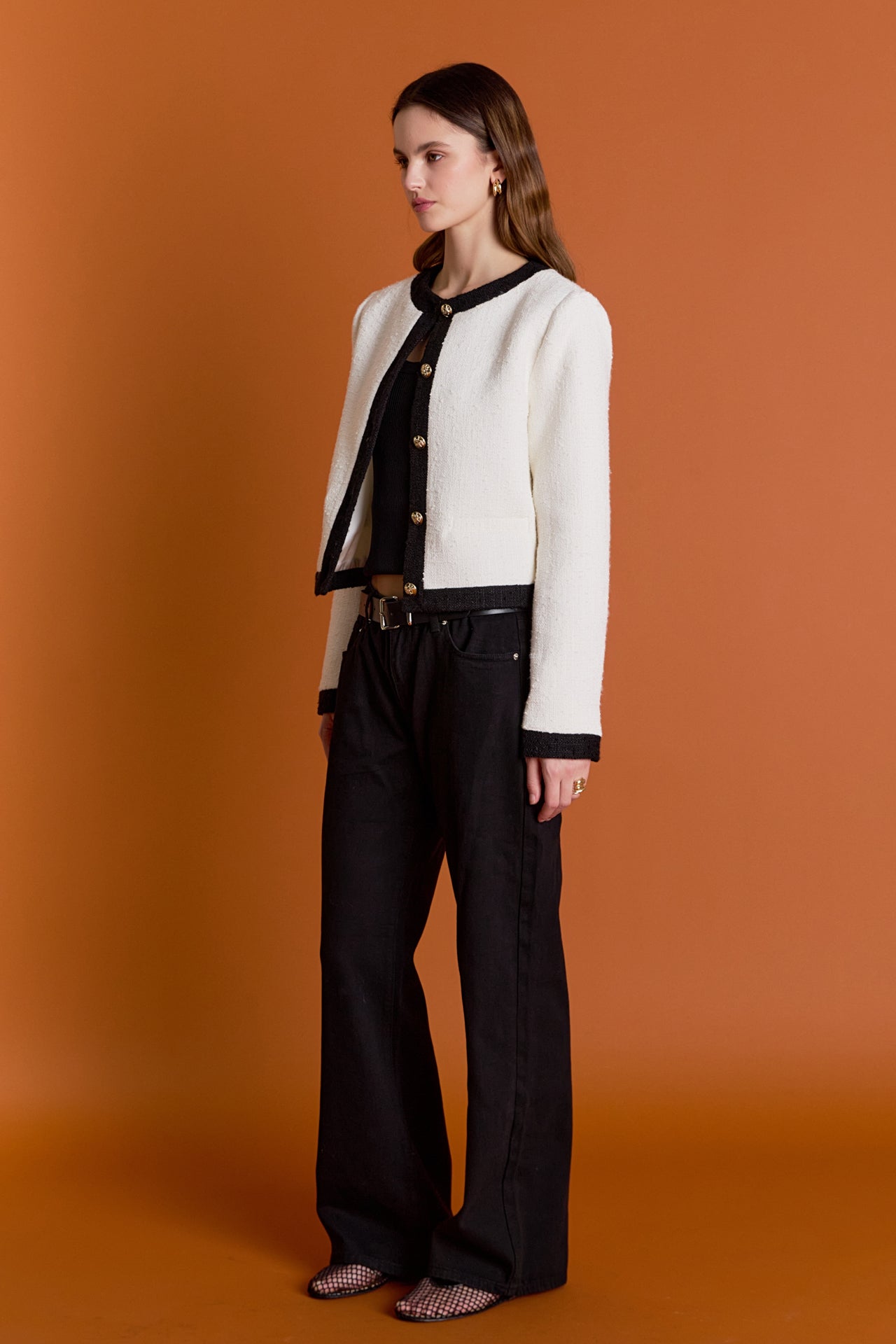 ENGLISH FACTORY - White and Black Collarless Tweed Jacket - JACKETS available at Objectrare