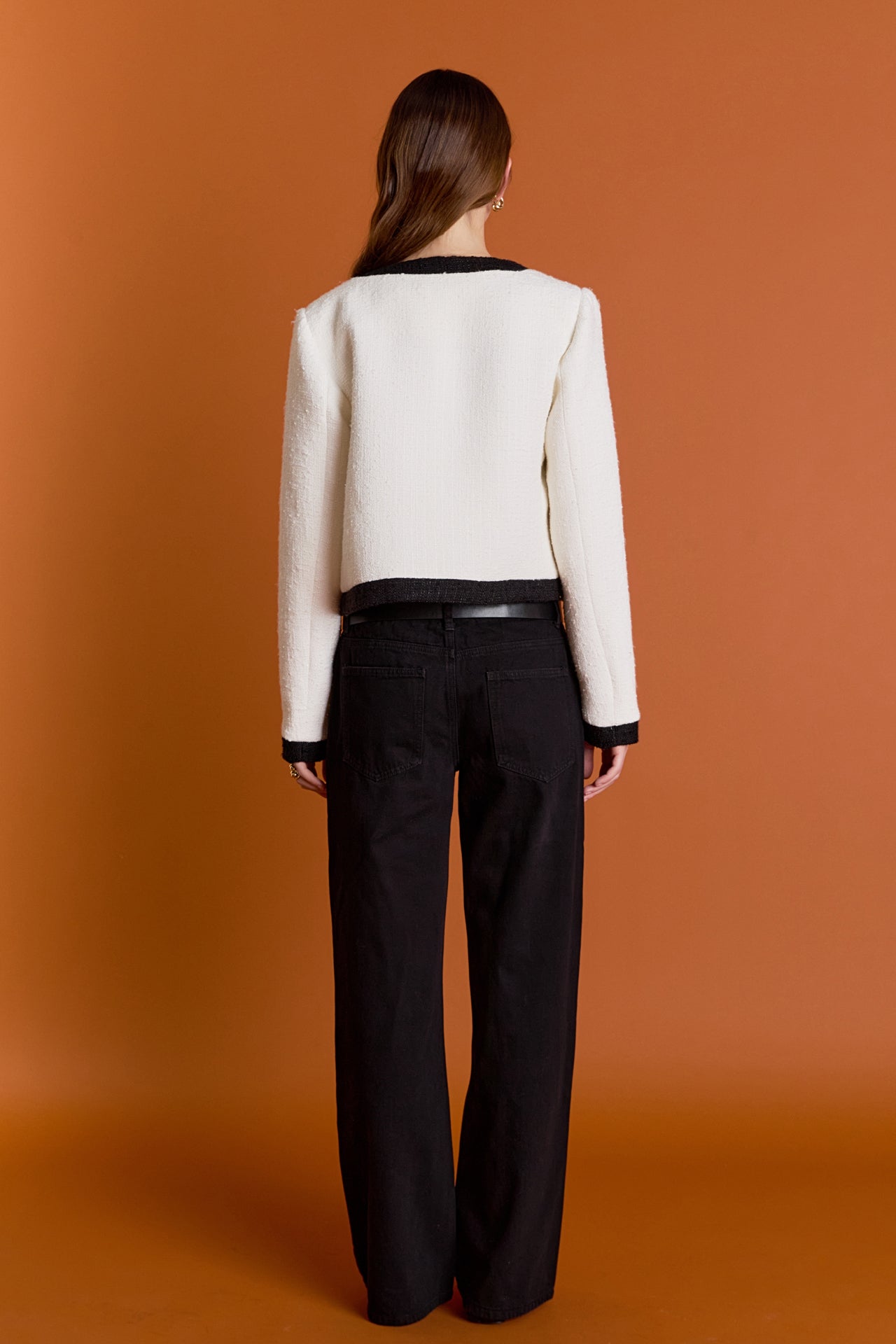 ENGLISH FACTORY - White and Black Collarless Tweed Jacket - JACKETS available at Objectrare