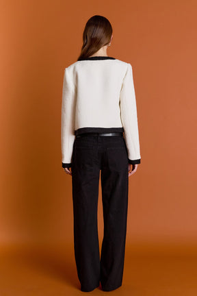 ENGLISH FACTORY - White and Black Collarless Tweed Jacket - JACKETS available at Objectrare