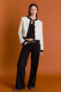 ENGLISH FACTORY - White and Black Collarless Tweed Jacket - JACKETS available at Objectrare
