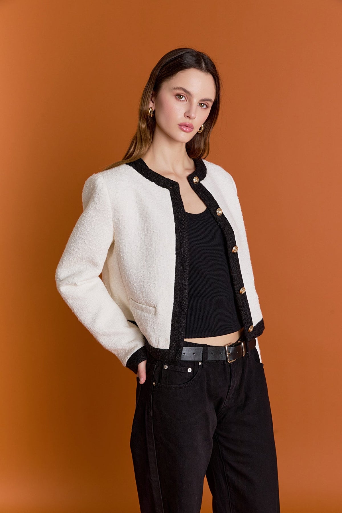ENGLISH FACTORY - White and Black Collarless Tweed Jacket - JACKETS available at Objectrare