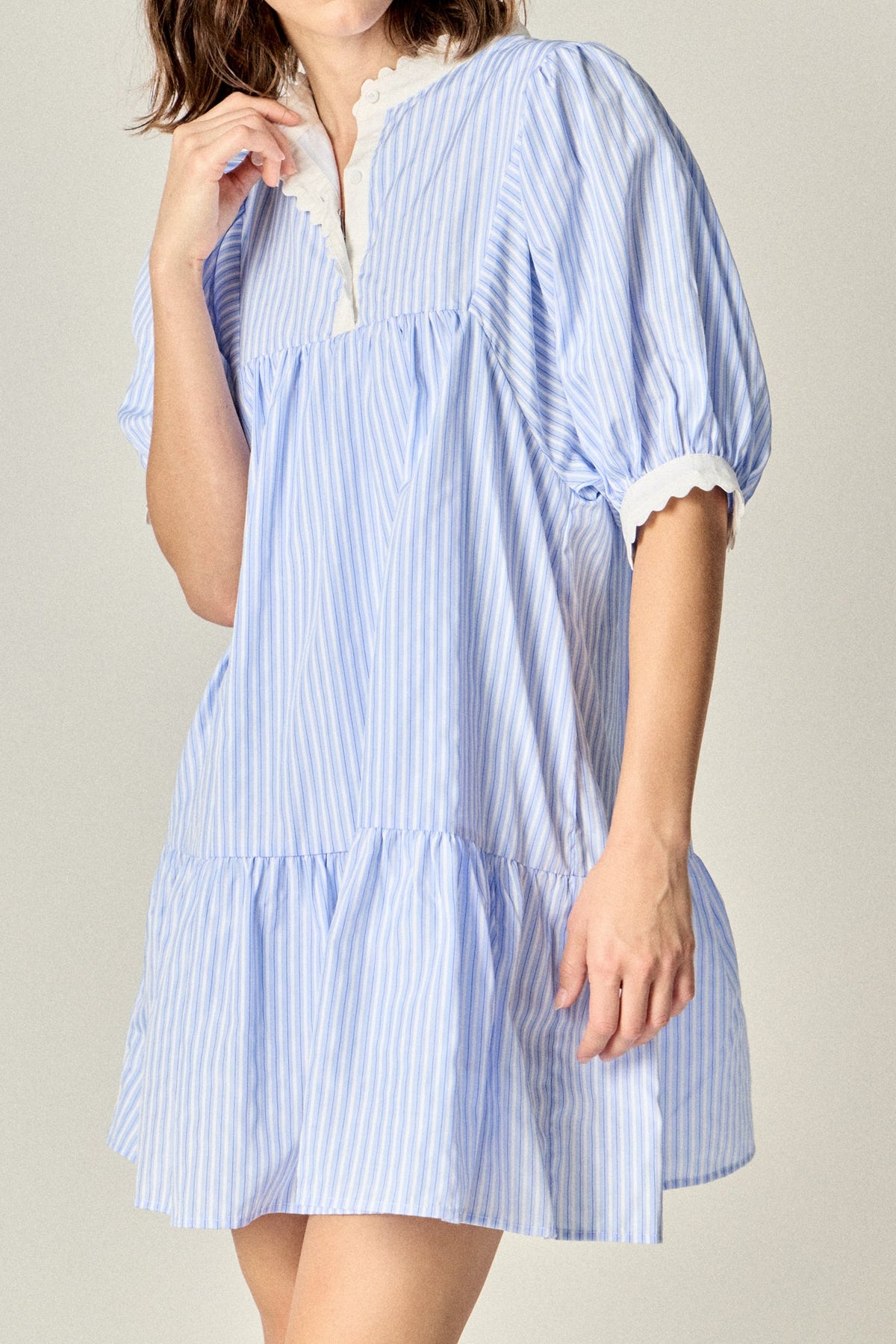 ENGLISH FACTORY - Scallop Trim Puff Sleeve Stripe Mini Dress - DRESSES available at Objectrare
