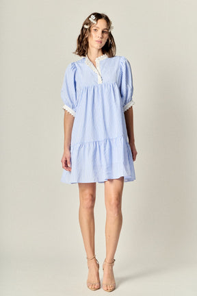 ENGLISH FACTORY - Scallop Trim Puff Sleeve Stripe Mini Dress - DRESSES available at Objectrare