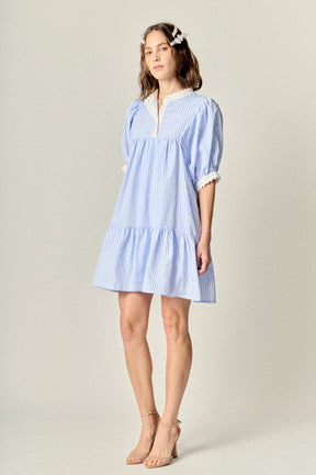 ENGLISH FACTORY - Scallop Trim Puff Sleeve Stripe Mini Dress - DRESSES available at Objectrare