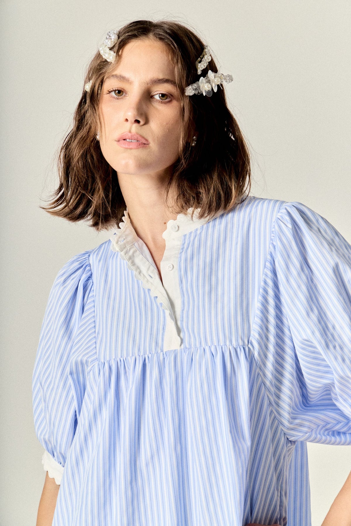 ENGLISH FACTORY - Scallop Trim Puff Sleeve Stripe Mini Dress - DRESSES available at Objectrare