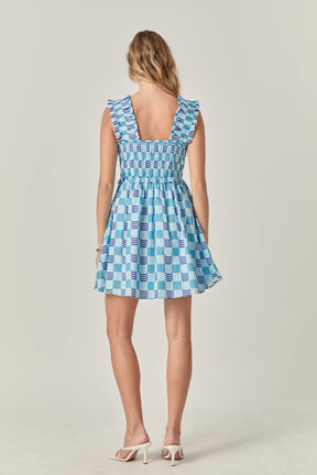 ENGLISH FACTORY - Smocked Square Print Ruffle Mini Dress - DRESSES available at Objectrare