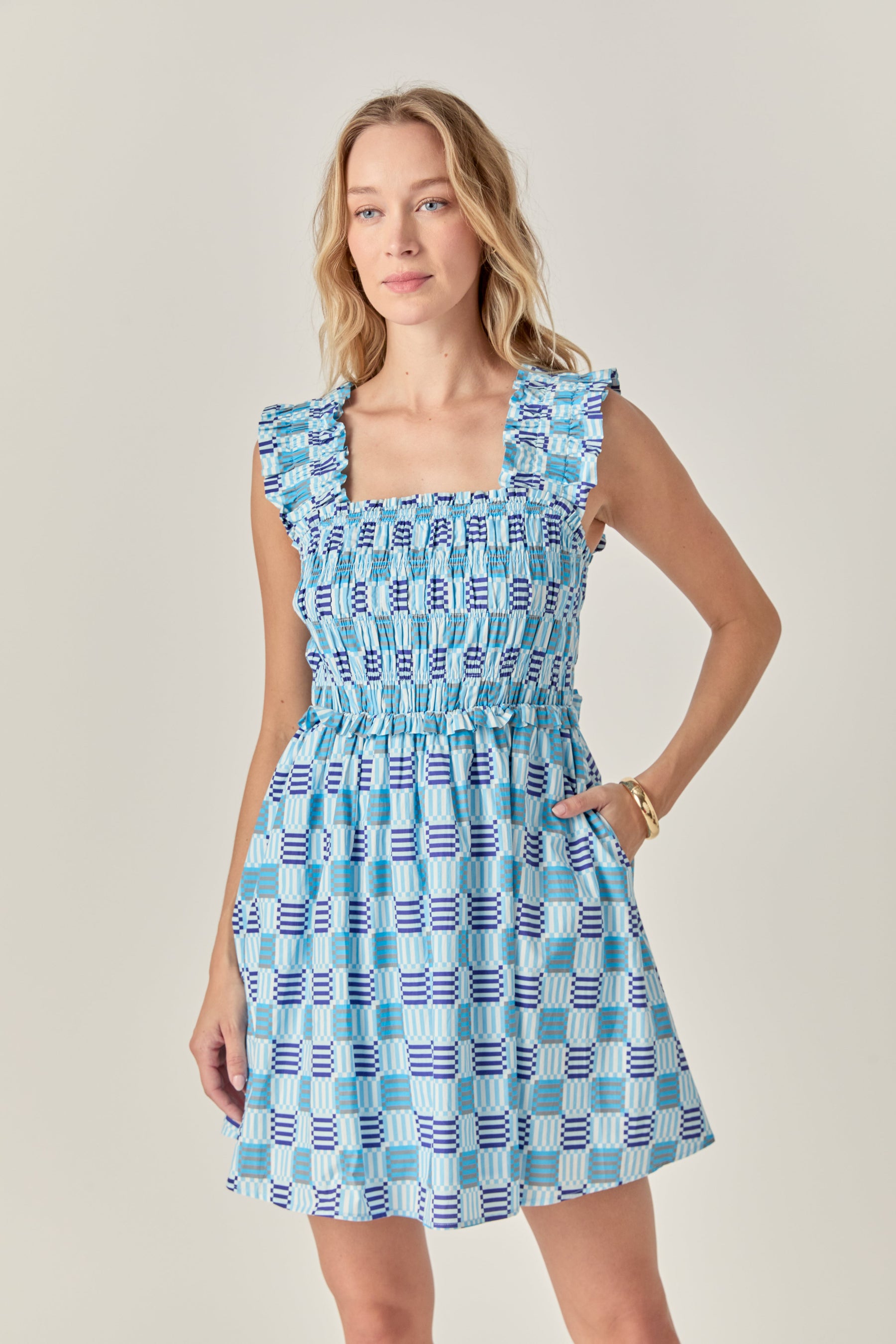 ENGLISH FACTORY - Smocked Square Print Ruffle Mini Dress - DRESSES available at Objectrare
