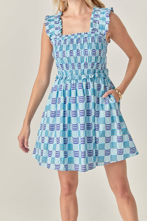 ENGLISH FACTORY - Smocked Square Print Ruffle Mini Dress - DRESSES available at Objectrare