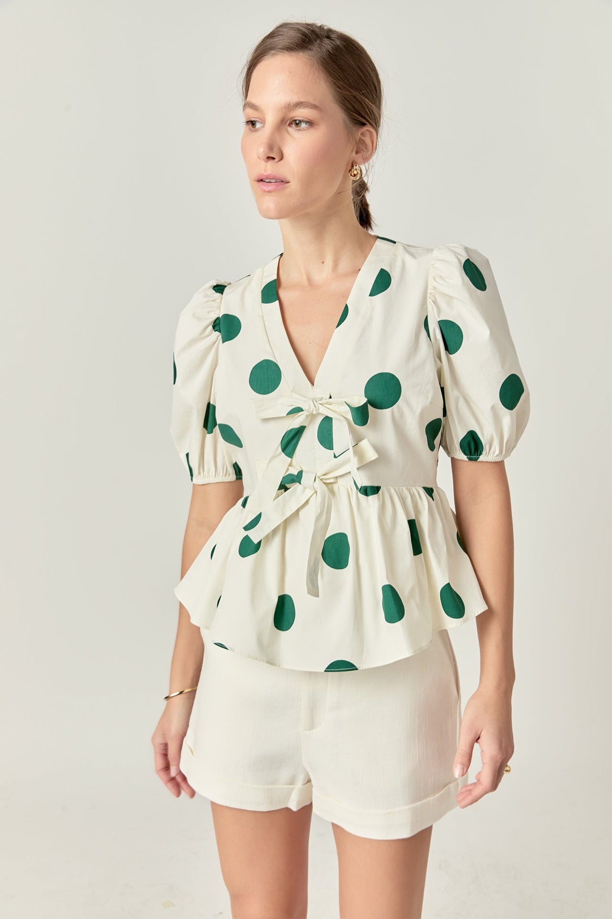 ENGLISH FACTORY - Dot print Front Tie Puff Sleeve Top - TOPS available at Objectrare