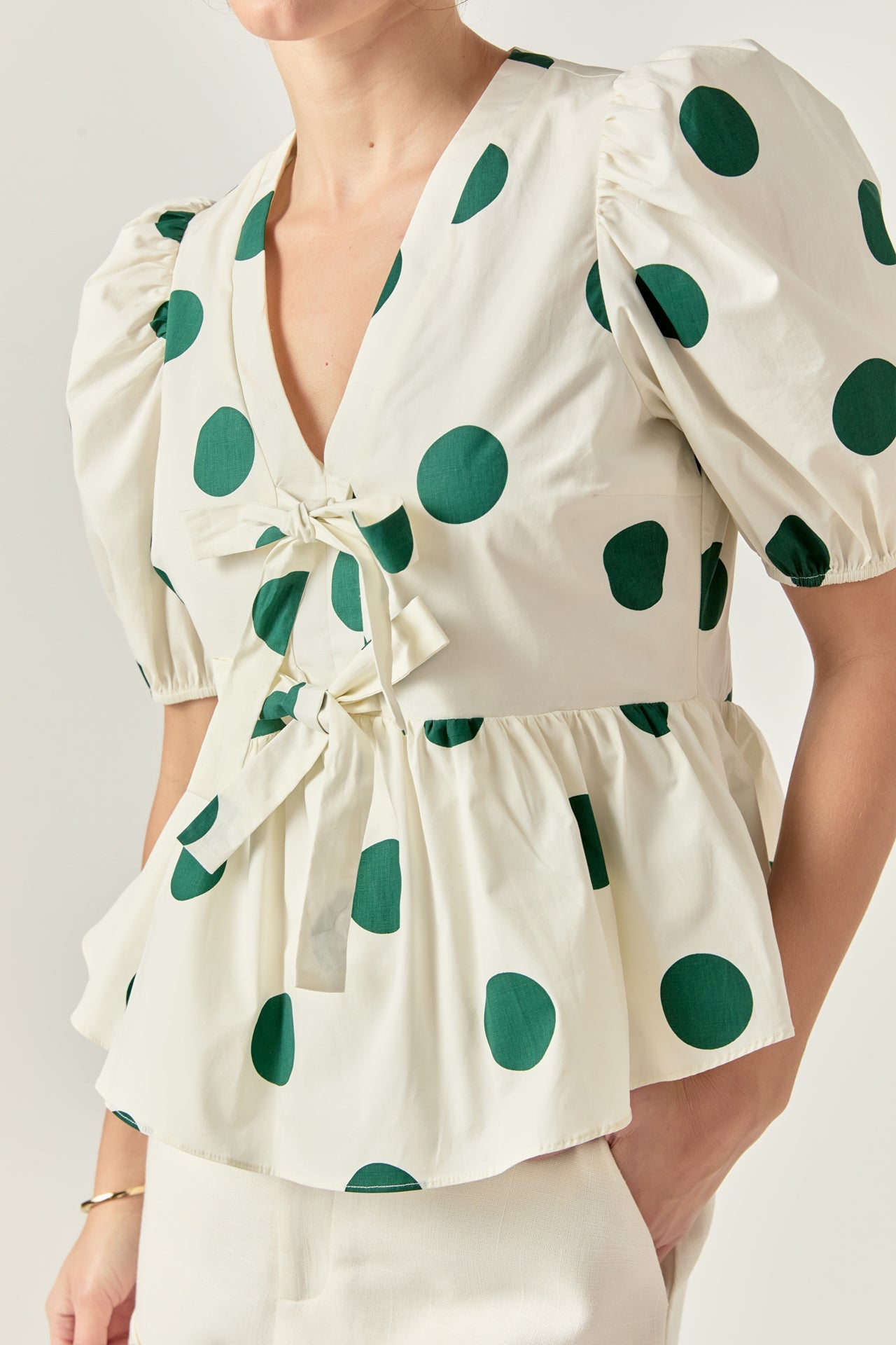 ENGLISH FACTORY - Dot print Front Tie Puff Sleeve Top - TOPS available at Objectrare