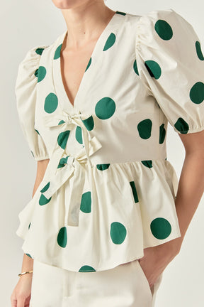ENGLISH FACTORY - Dot print Front Tie Puff Sleeve Top - TOPS available at Objectrare
