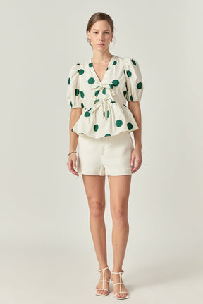 ENGLISH FACTORY - Dot print Front Tie Puff Sleeve Top - TOPS available at Objectrare