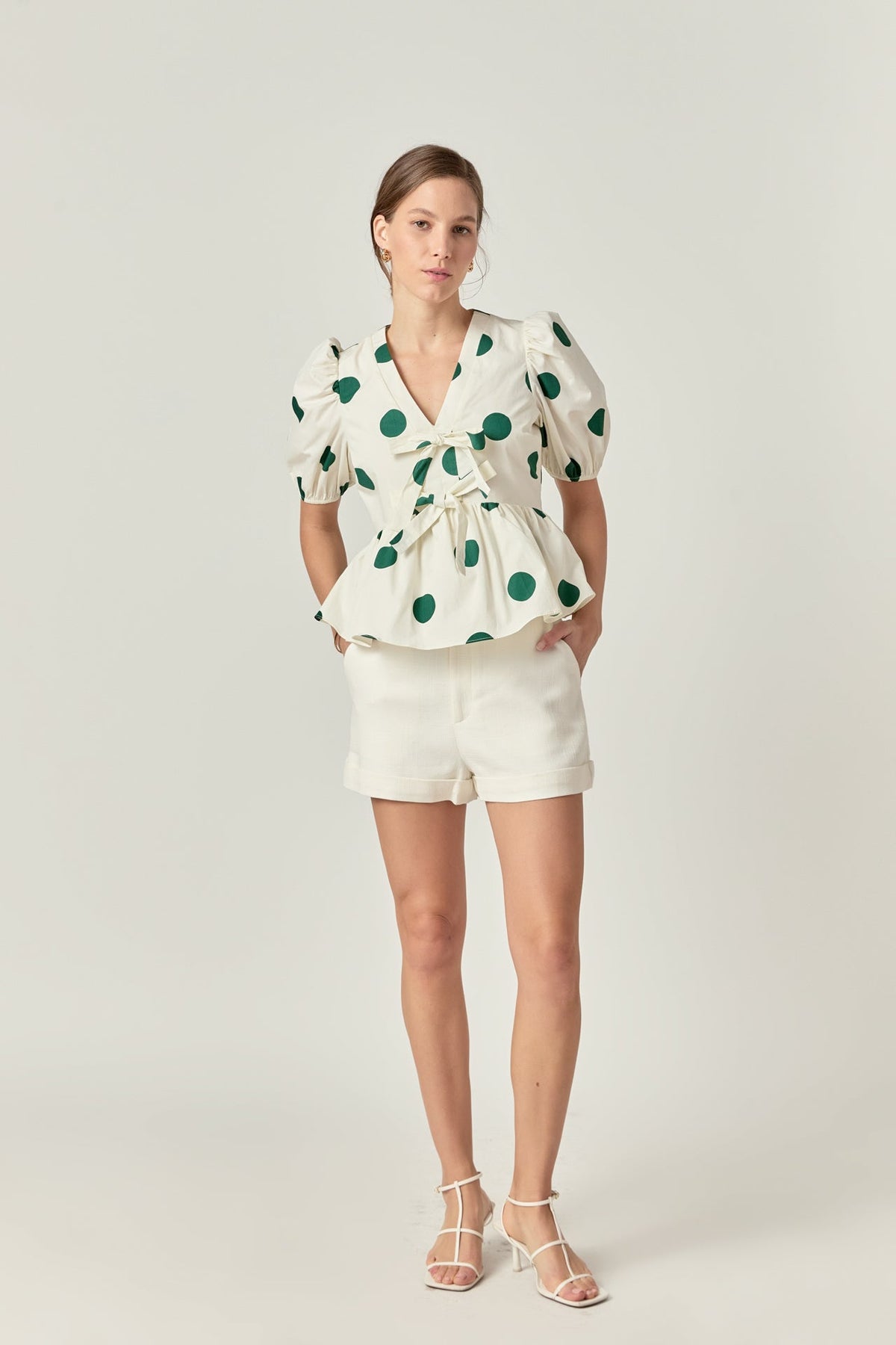 ENGLISH FACTORY - Dot print Front Tie Puff Sleeve Top - TOPS available at Objectrare