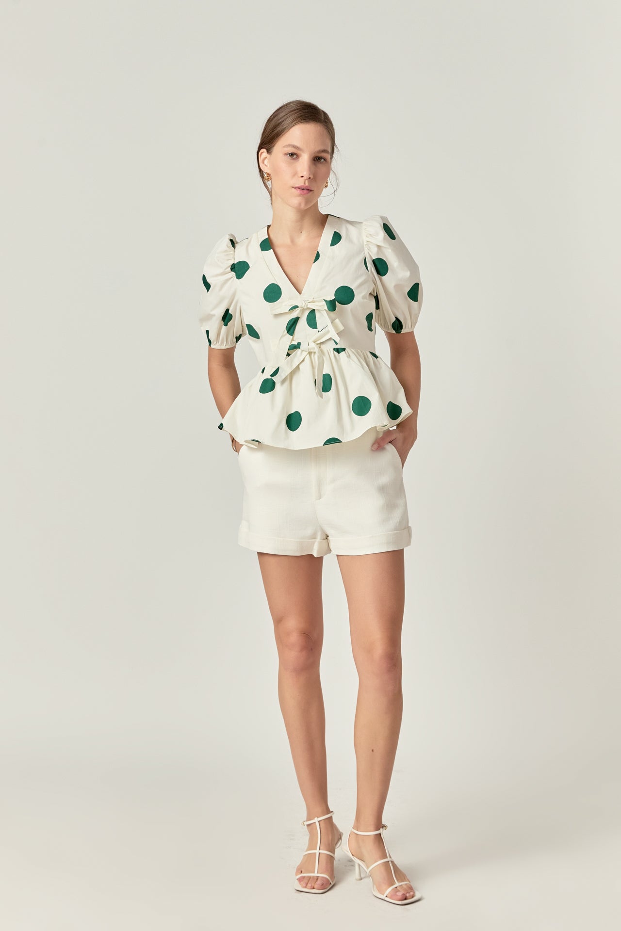 ENGLISH FACTORY - Dot print Front Tie Puff Sleeve Top - TOPS available at Objectrare