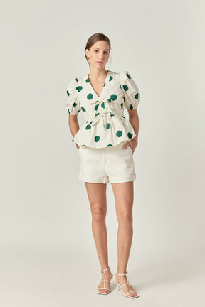 ENGLISH FACTORY - Dot print Front Tie Puff Sleeve Top - TOPS available at Objectrare