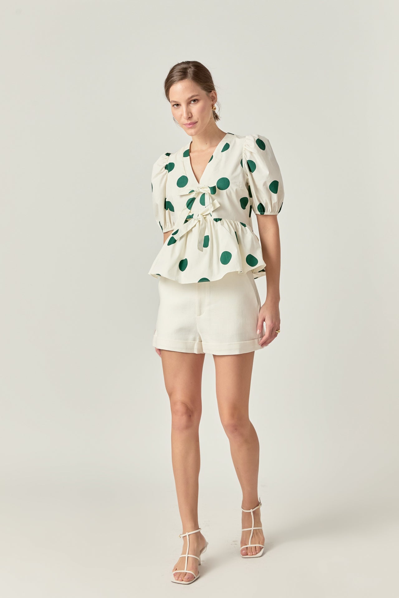 ENGLISH FACTORY - Dot print Front Tie Puff Sleeve Top - TOPS available at Objectrare