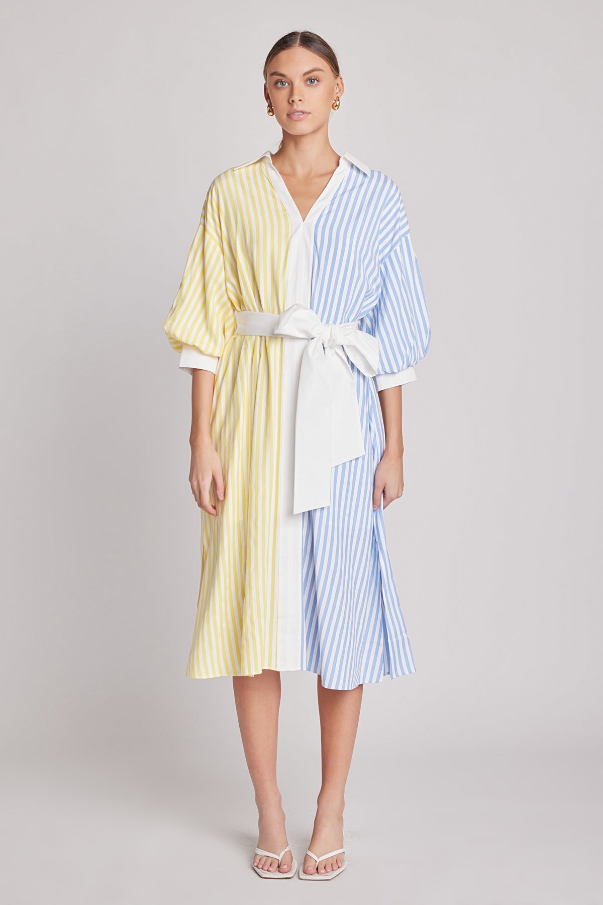 Blouson Sleeve Stripe Shirt Midi Dress