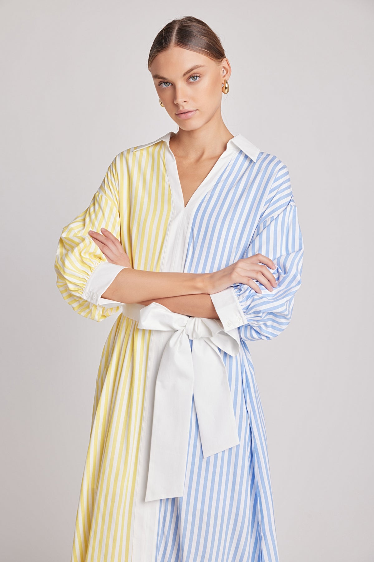Blouson Sleeve Stripe Shirt Midi Dress