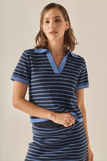 ENGLISH FACTORY - The Stripe Polo Scallop Sweater - SWEATERS & KNITS available at Objectrare