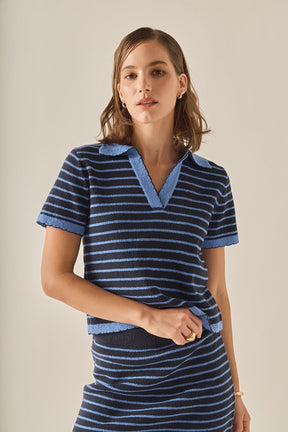 ENGLISH FACTORY - The Stripe Polo Scallop Sweater - SWEATERS & KNITS available at Objectrare