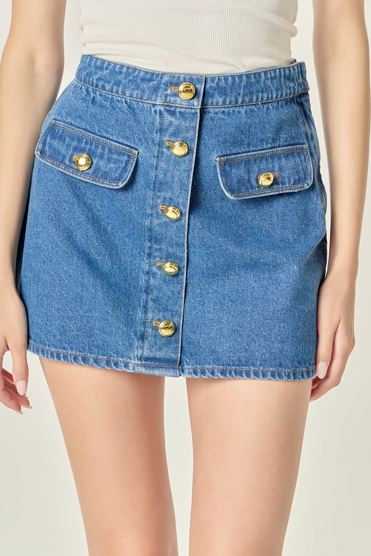 ENGLISH FACTORY - Gold Button Denim Mini Skirt - SKIRTS available at Objectrare