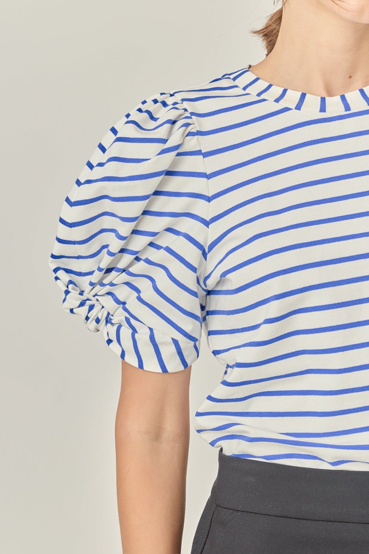 ENGLISH FACTORY - Striped Puff Sleeve Crewneck Top - TOPS available at Objectrare