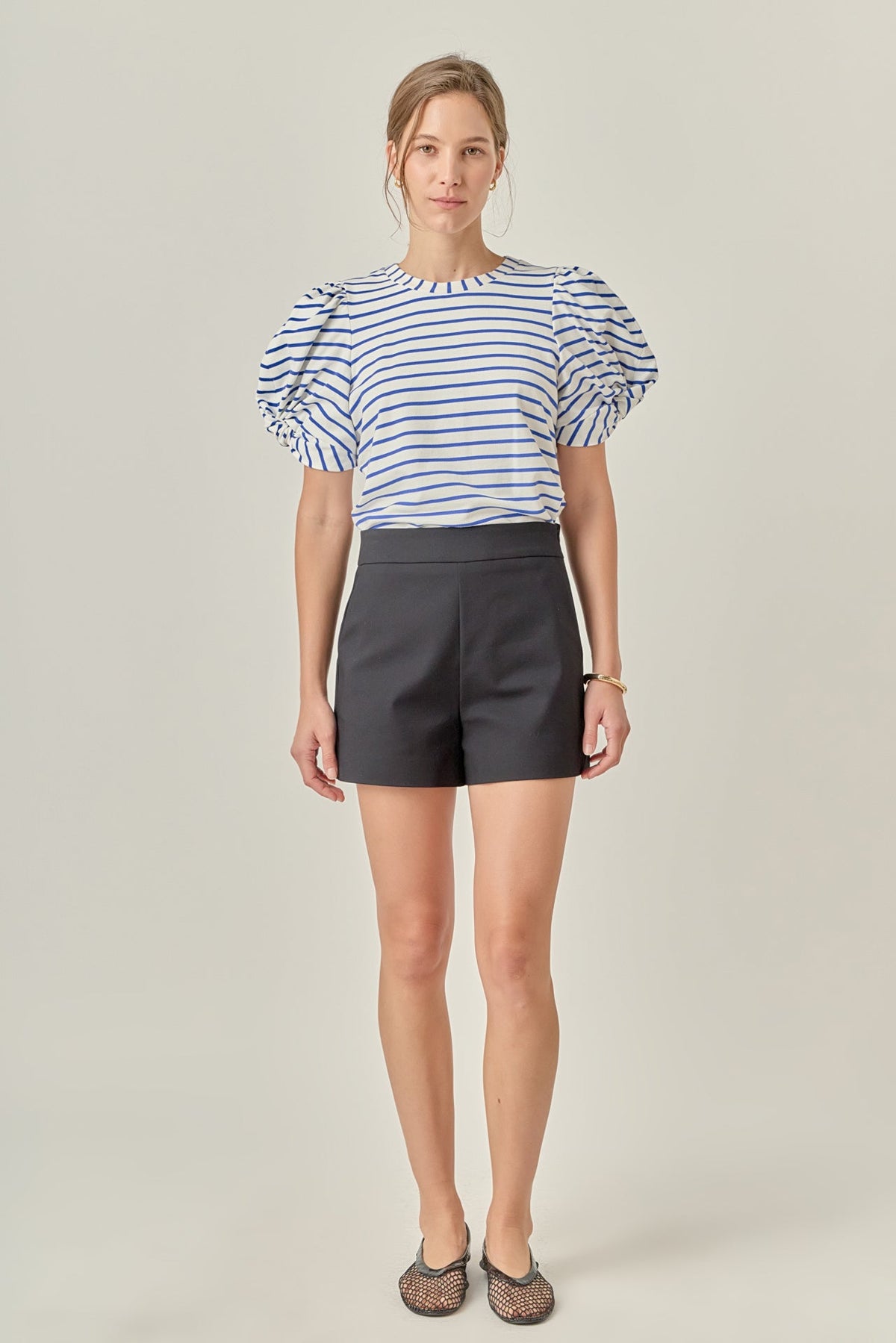 ENGLISH FACTORY - Striped Puff Sleeve Crewneck Top - TOPS available at Objectrare