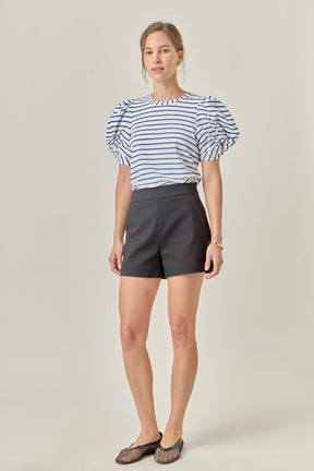 ENGLISH FACTORY - Striped Puff Sleeve Crewneck Top - TOPS available at Objectrare