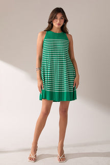 ENGLISH FACTORY - Pleated A-line Knit Stripe Mini Dress - DRESSES available at Objectrare