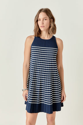 ENGLISH FACTORY - Clara Pleated A-line Knit Stripe Mini Dress - DRESSES available at Objectrare