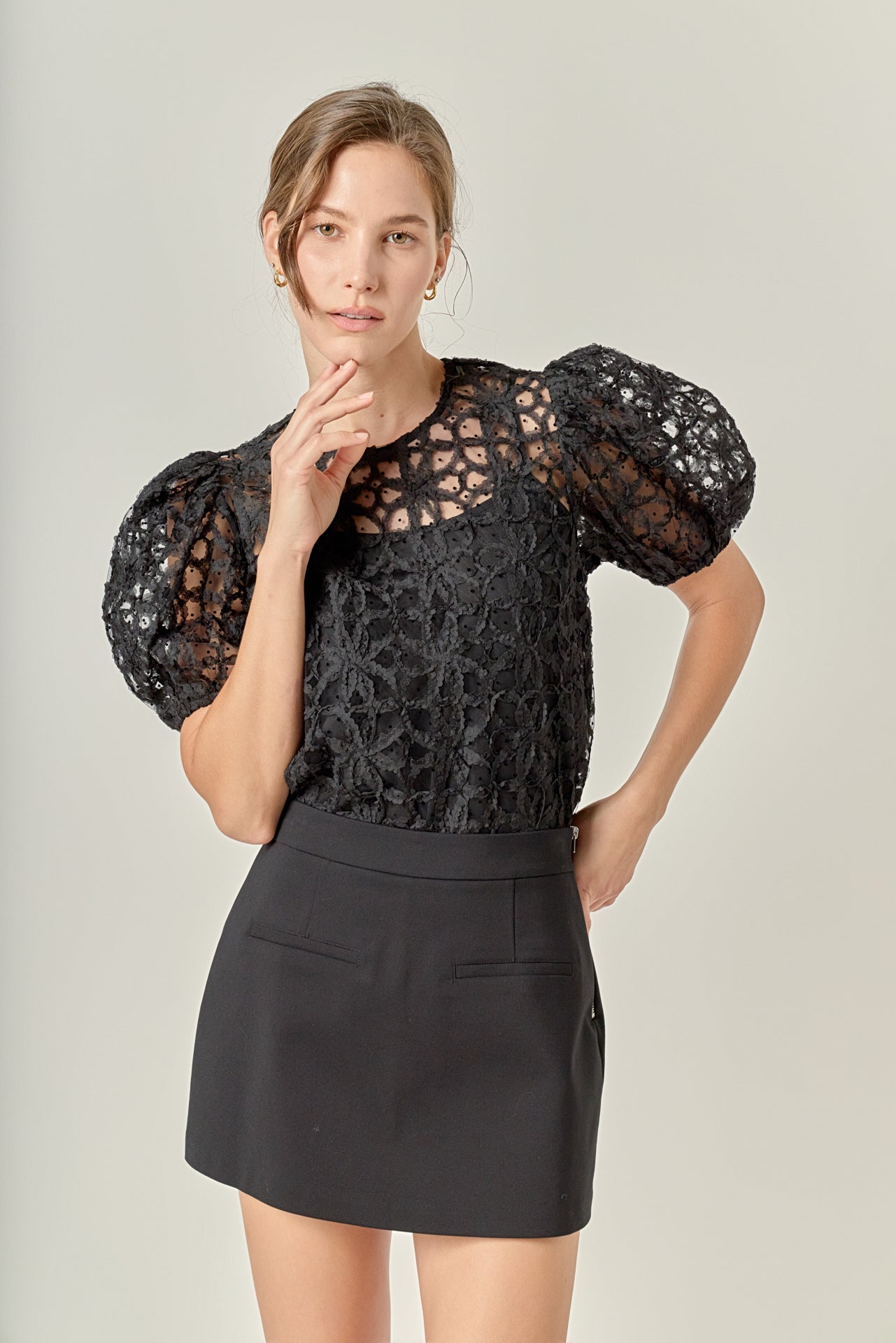 ENGLISH FACTORY - Floral Texture Puff Sleeve Top - TOPS available at Objectrare