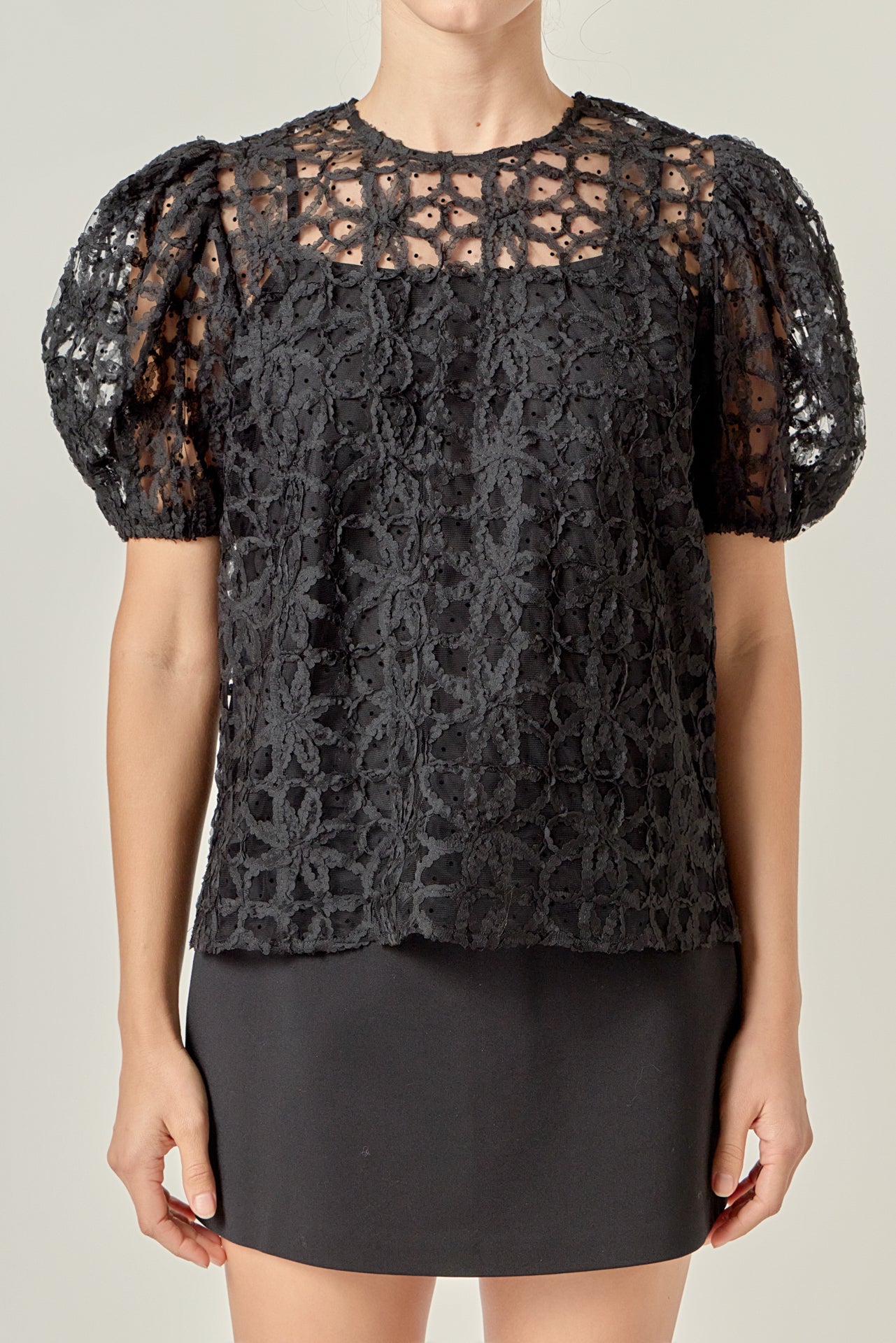 ENGLISH FACTORY - Floral Texture Puff Sleeve Top - TOPS available at Objectrare