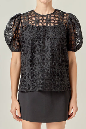 ENGLISH FACTORY - Floral Texture Puff Sleeve Top - TOPS available at Objectrare