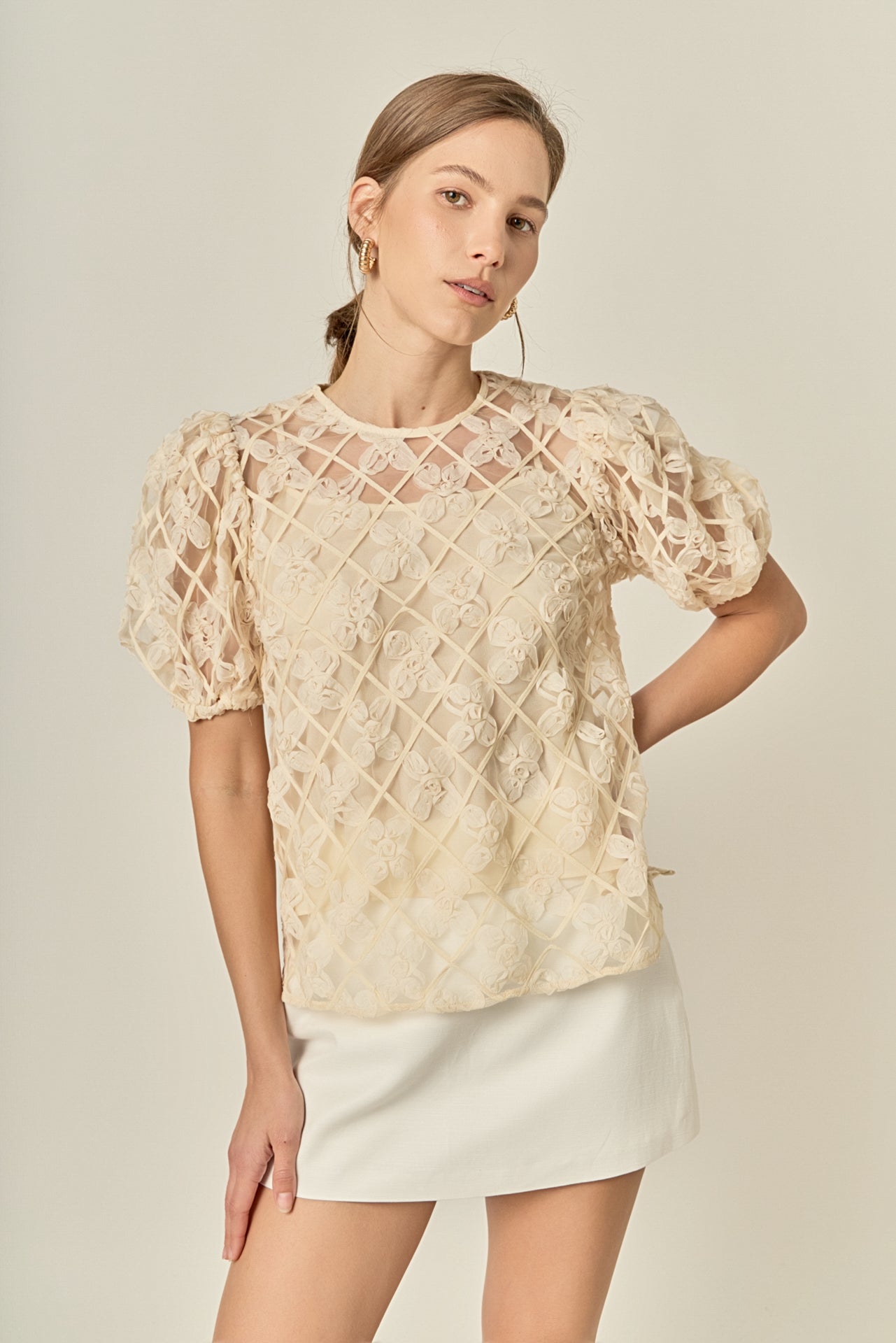 ENGLISH FACTORY - Floral Texture Puff Sleeve Top - TOPS available at Objectrare