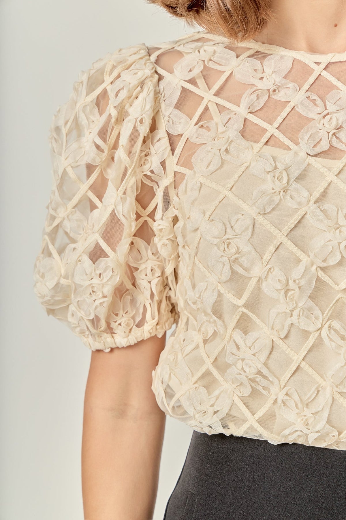 ENGLISH FACTORY - Floral Texture Puff Sleeve Top - TOPS available at Objectrare