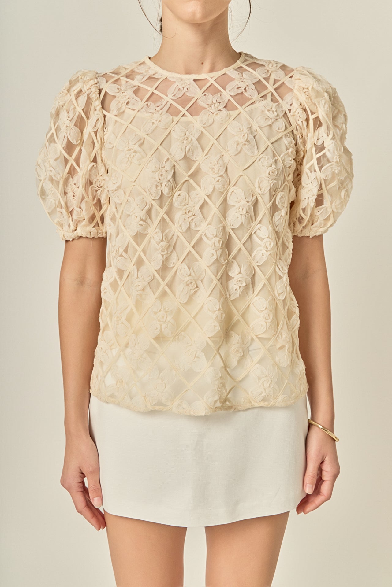 ENGLISH FACTORY - Floral Texture Puff Sleeve Top - TOPS available at Objectrare