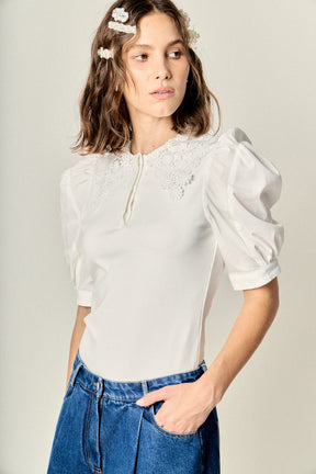 ENGLISH FACTORY - Lace-Collar Mixed Media Puff-Sleeve Top - TOPS available at Objectrare