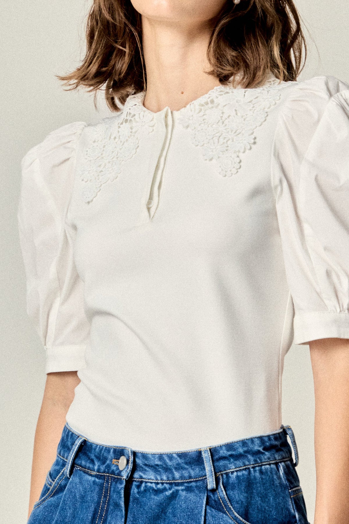 ENGLISH FACTORY - Lace-Collar Mixed Media Puff-Sleeve Top - TOPS available at Objectrare