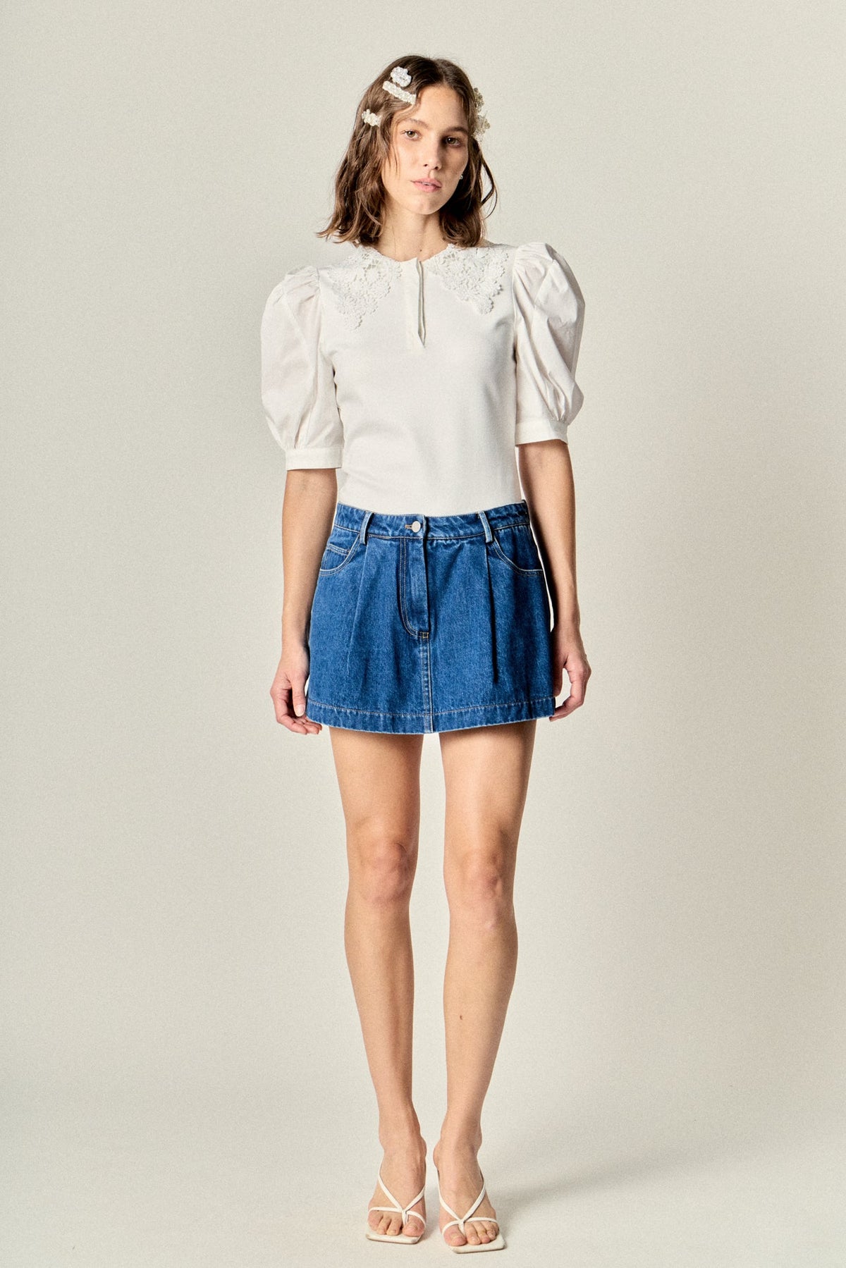 ENGLISH FACTORY - Lace-Collar Mixed Media Puff-Sleeve Top - TOPS available at Objectrare