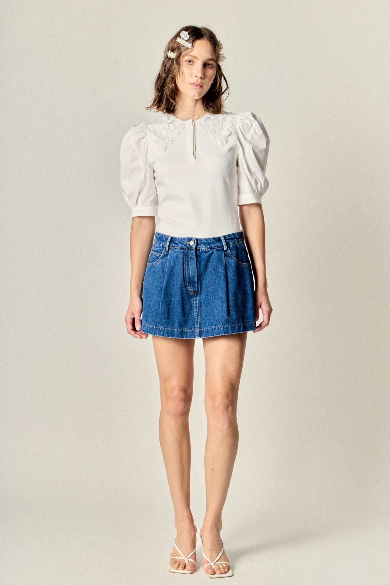 ENGLISH FACTORY - Lace-Collar Mixed Media Puff-Sleeve Top - TOPS available at Objectrare