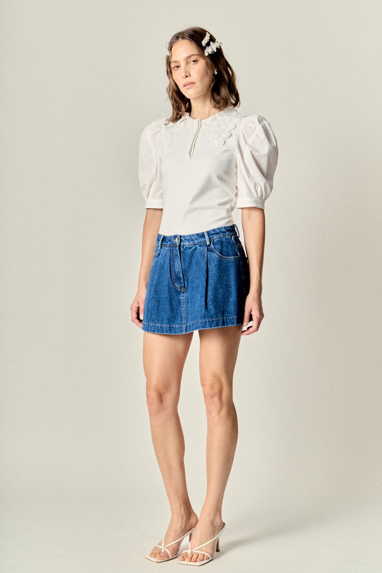 ENGLISH FACTORY - Lace-Collar Mixed Media Puff-Sleeve Top - TOPS available at Objectrare
