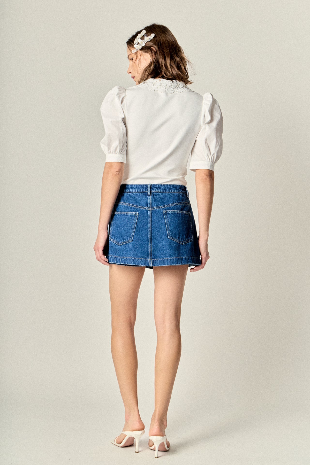 ENGLISH FACTORY - Lace-Collar Mixed Media Puff-Sleeve Top - TOPS available at Objectrare