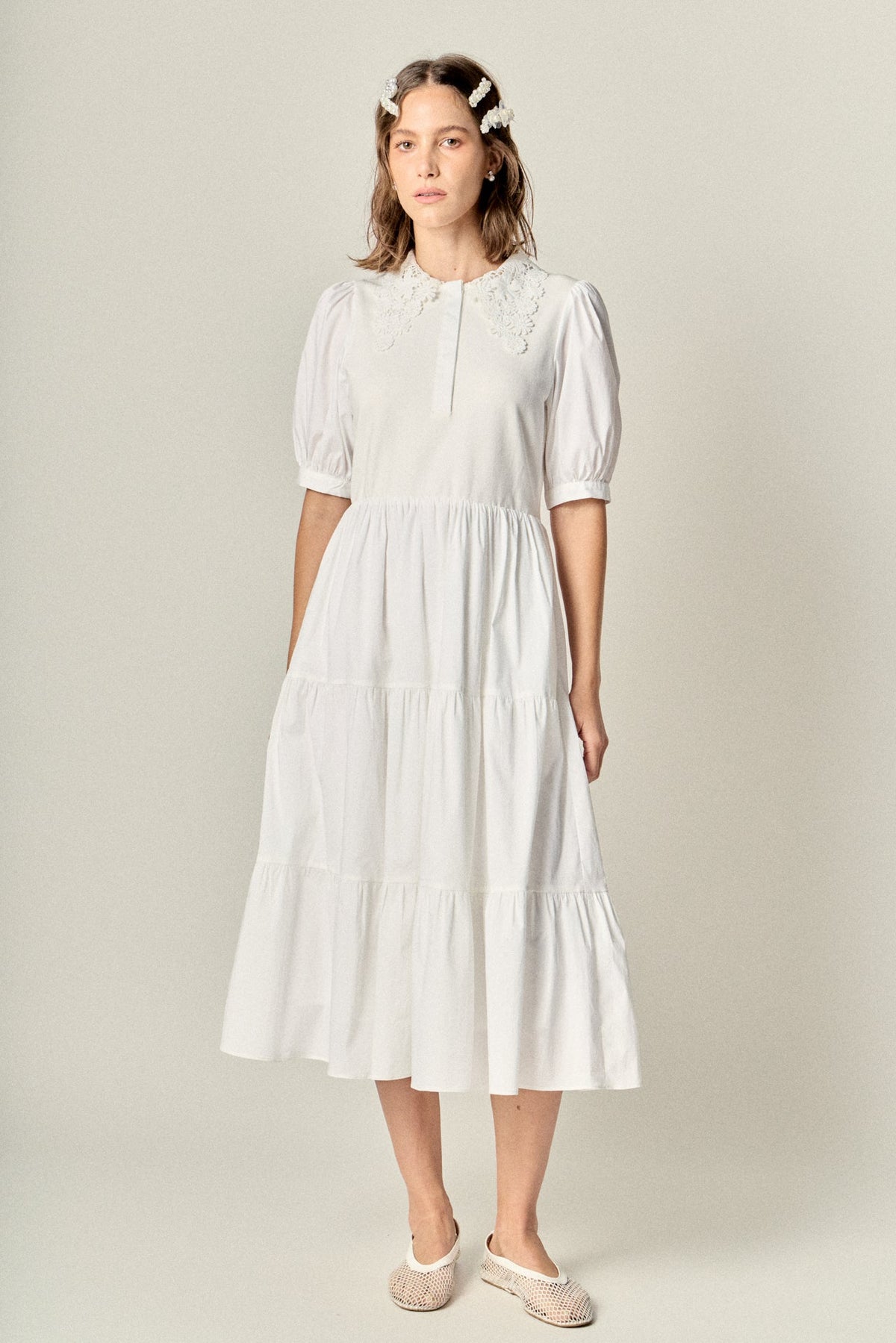 ENGLISH FACTORY - Mixed Media Embroidered Collar Midi Dress - DRESSES available at Objectrare